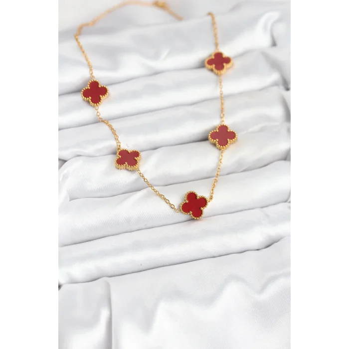 316L Çelik Gold Renk Zincir Bordo Yonca Kadın Kolye