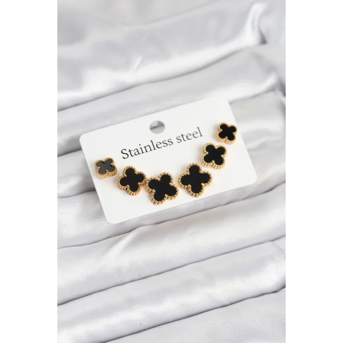 316L Çelik Gold Siyah Renk 3 Boy Yonca Küpe Seti