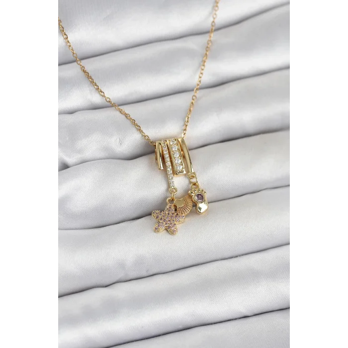 316L Çelik Gold Zirkon Taşlı Deniz Tema Charmlı Kadın Kolye