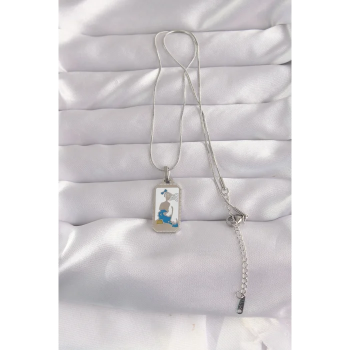 316L Çelik Gümüş Renk Beyaz Mineli Kız Figür Tarot Kolye