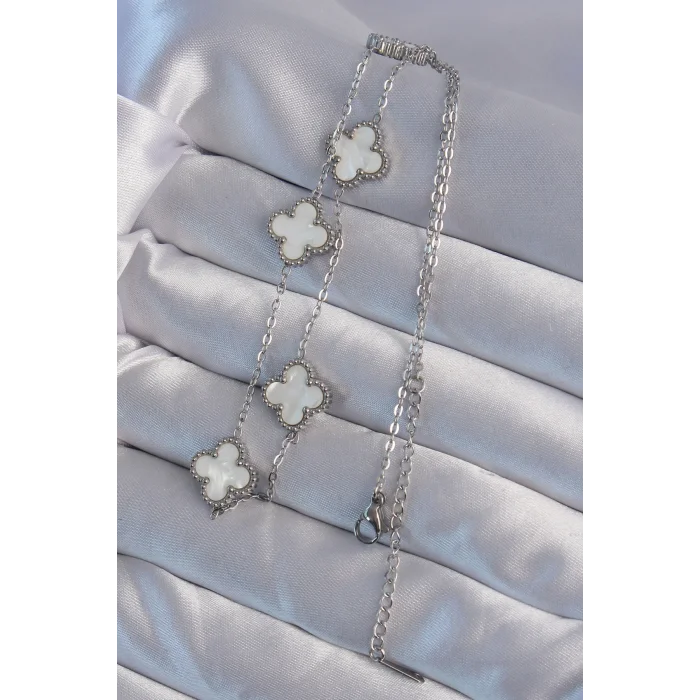 316L Çelik Gümüş Renk Beyaz Sedefli Yonca Kolye