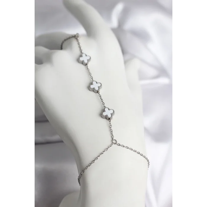 316L Çelik Gümüş Renk Beyaz Yonca Model Kadın Şahmeran