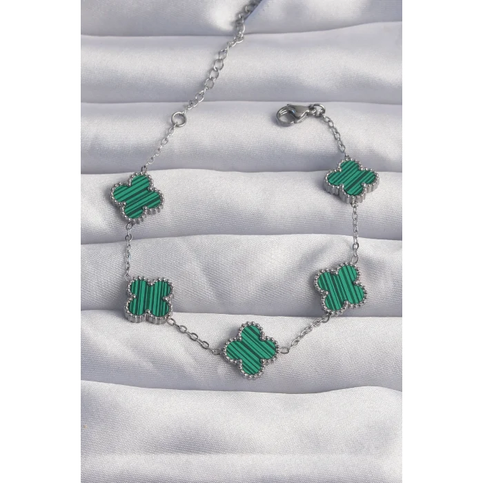 316L Çelik Gümüş Renk Çizgili Yeşil Mineli Yonca Bileklik