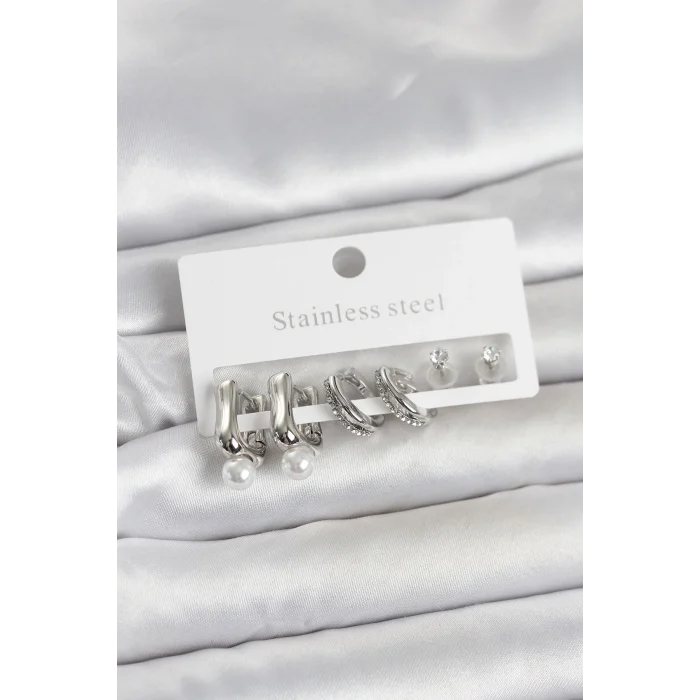 316L Çelik Gümüş Renk Kadın Küpe Seti