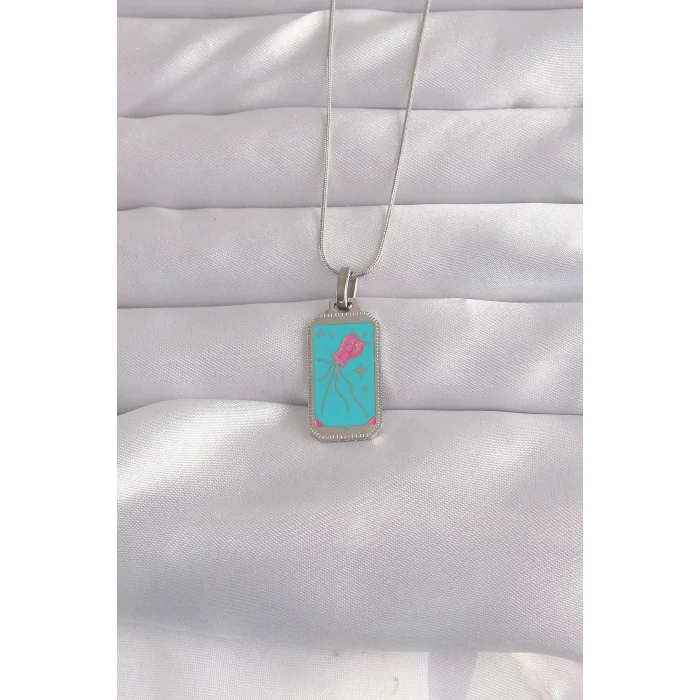 316L Çelik Gümüş Renk Mavi Mineli Tarot Kolye