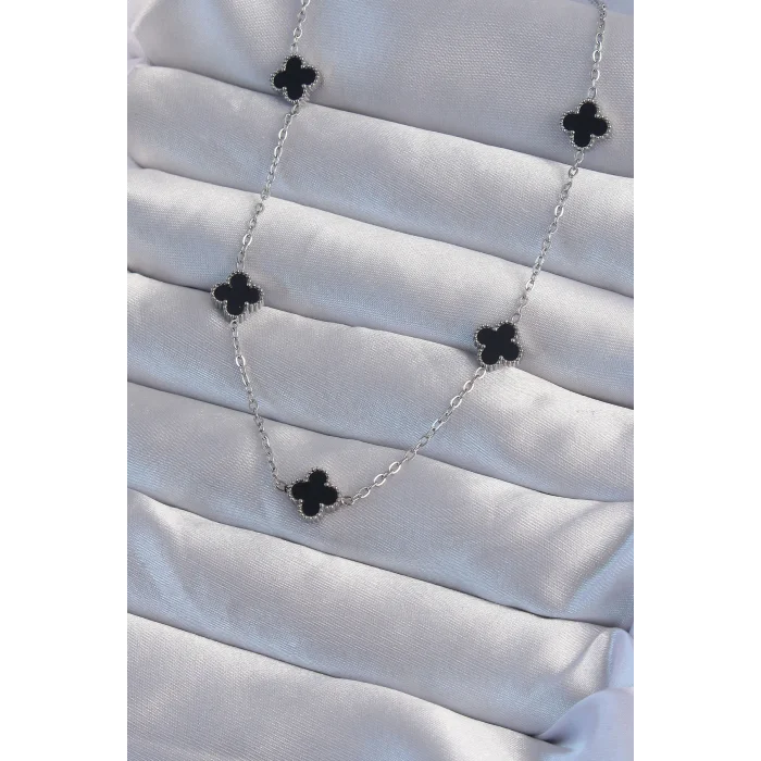 316L Çelik Gümüş Renk Minimal Siyah Mineli Yonca Kolye