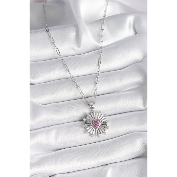 316L Çelik Gümüş Renk Pembe Zirkon Taşlı Kalp İşleme Madalyon Model Kadın Kolye