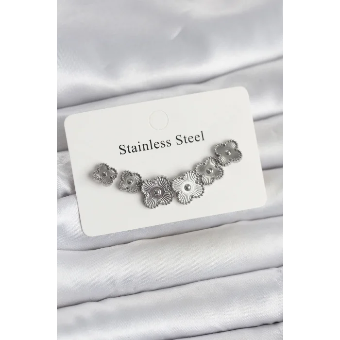 316L Çelik Gümüş Renk Yonca Küpe Seti