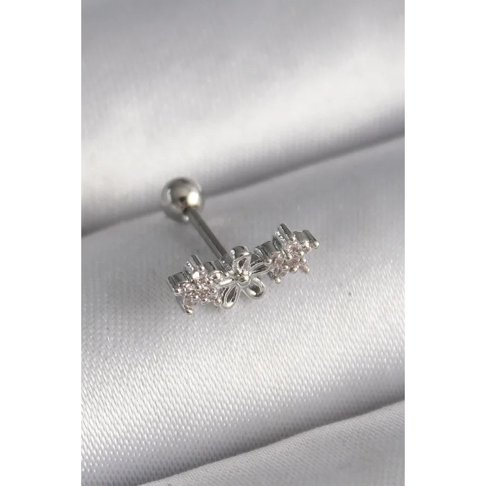 316L Çelik Gümüş Renk Zirkon Taşlı Çiçek Tragus Piercing