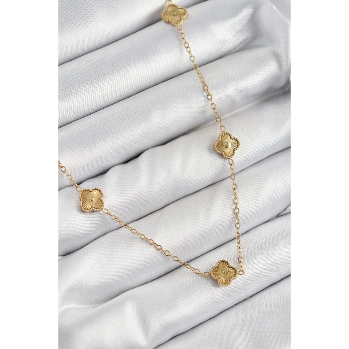 316L Çelik Yonca Model Gold Renk Kadın Kolye