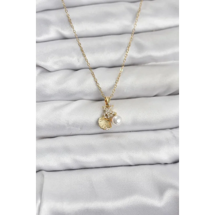 316L Çelik Zincir Gold Renk Deniz Kabuğu ve Deniz Yıldızı Model Zirkon Taşlı Kadın Kolye