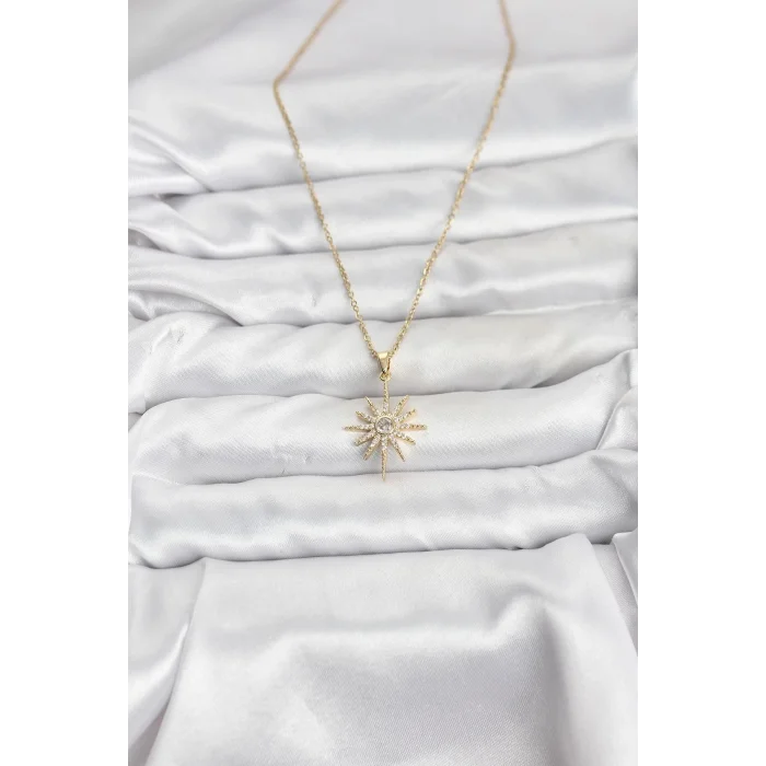 316L Çelik Zincir Gold Renk Kutup Yıldızı Model Zirkon Taşlı Kadın Kolye