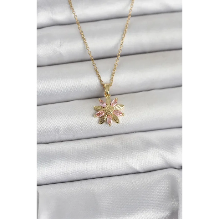 316L Çelik Zincir Gold Renk Pembe Papatya Model Kadın Kolye