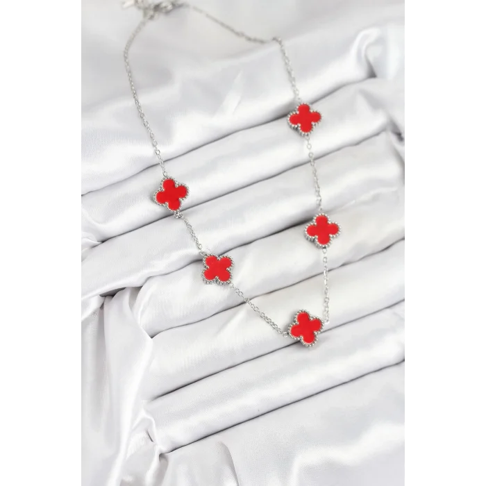 316L Çelik Zincir Gümüş Kırmızı Renk Yonca Kadın Kolye