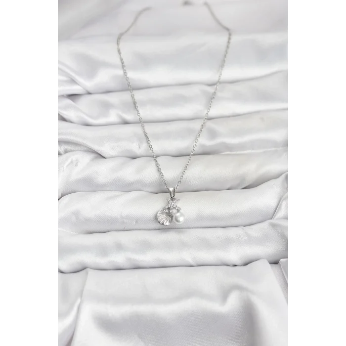 316L Çelik Zincir Gümüş Renk Deniz Kabuğu ve Deniz Yıldızı Model Zirkon Taşlı Kadın Kolye