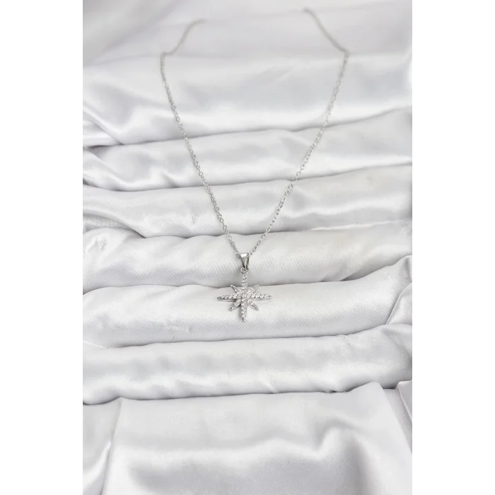316L Çelik Zincir Gümüş Renk Kutup Yıldızı Model Zirkon Taşlı Kadın Kolye