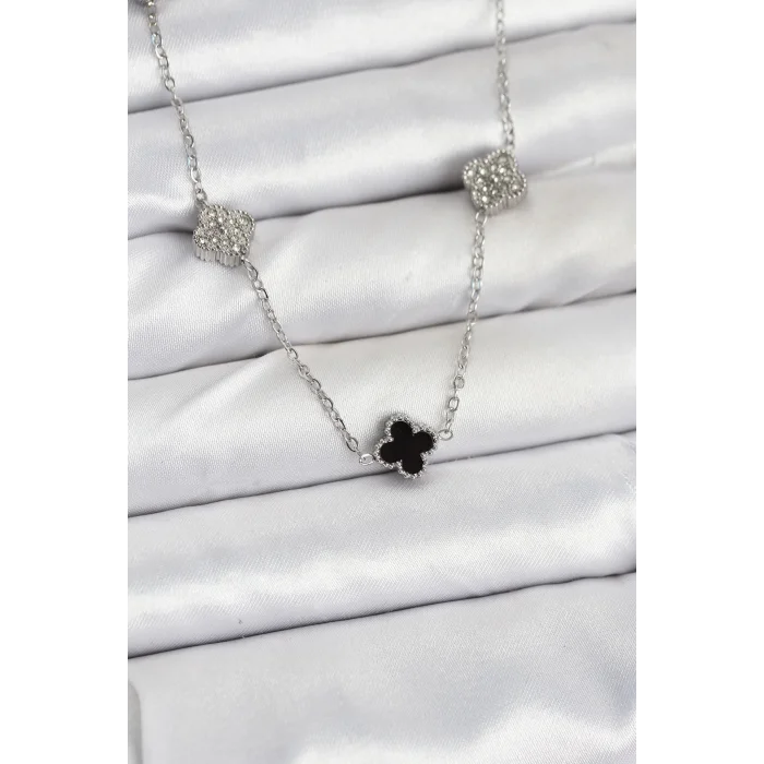 316L Çelik Zincir Gümüş Renk Siyah ve Zirkon Taşlı Baby Boy Yonca Kadın Kolye