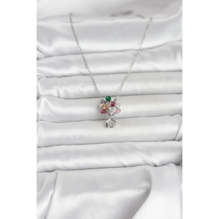 316L Çelik Zincir Gümüş Renk Uçan Balon Ev Figür Kadın Kolye