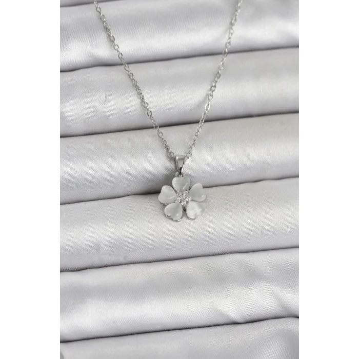 316L Çelik Zincir Gümüş Renk Yonca Model Kadın Kolye