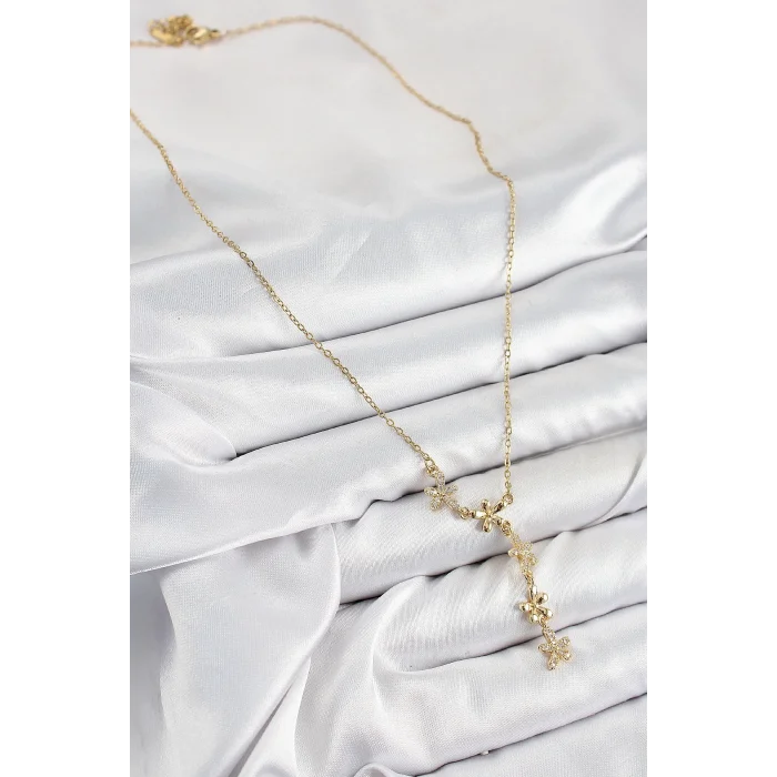 316L Çelik Zirkon Taşlı Çiçek Model Gold Renk Kadın Kolye