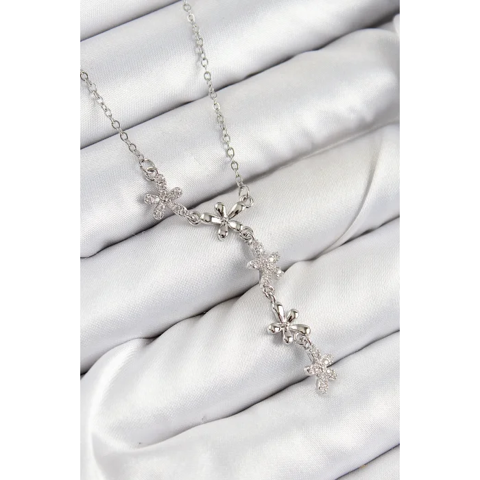 316L Çelik Zirkon Taşlı Çiçek Model Gümüş Renk Kadın Kolye