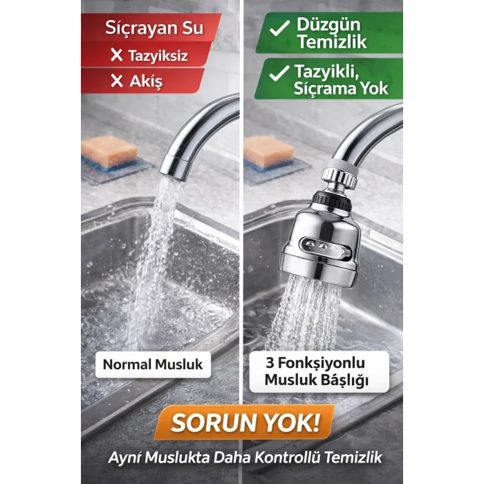 360° Döner Krom 3 Fonksiyonlu Musluk Başlığı | Sıçramasız, Basınçlı ve Su Tasarruflu