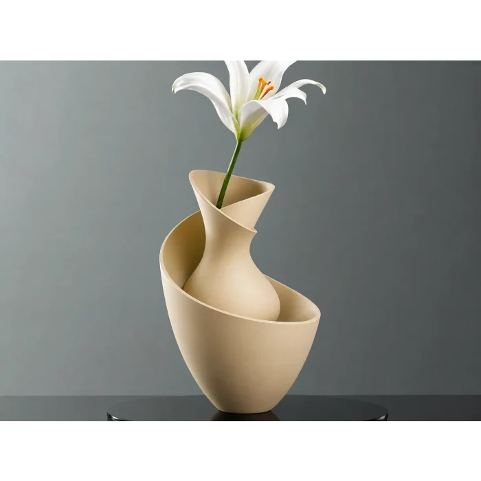 3D Baskı Bold Vazo - Akışkan Formlu Dekoratif Vazo-Bej
