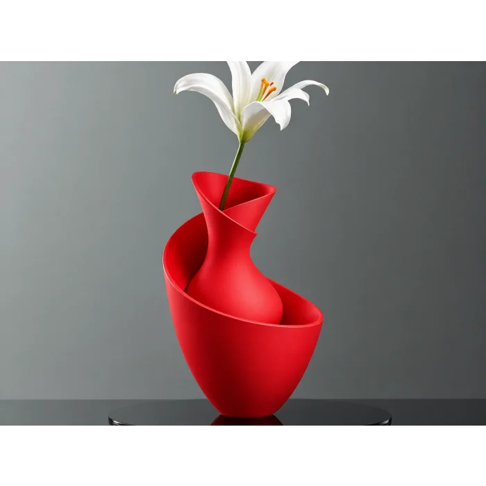3D Baskı Bold Vazo - Akışkan Formlu Dekoratif Vazo-Kırmızı