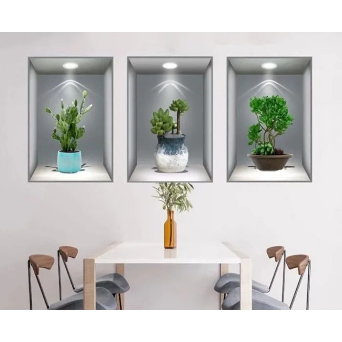 3D Çiçek Vazo Duvar Sticker 3 lü Set GRİ Fon