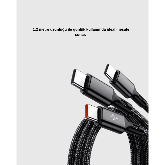 3’ü 1 Arada Şarj Kablosu Type-C iOS Android Uyumlu Hızlı ve Güvenli Şarj