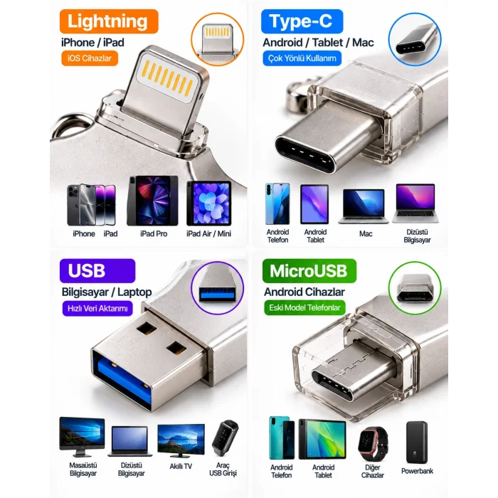 4in1 128GB Flash Bellek USB Type-C Lightning MicroUSB Çoklu Girişli Taşınabilir USB Bellek