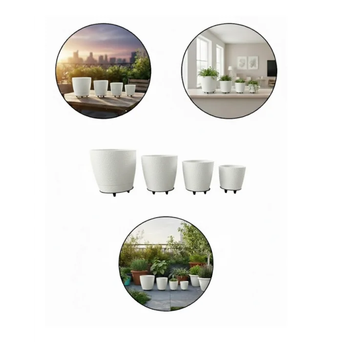 4’lü 3D Beyaz Ayaklı Saksı Seti Modern Minimal Dekoratif Vazo