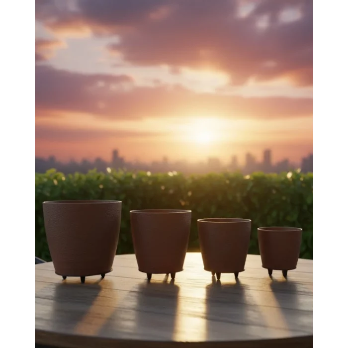 4’lü 3D Kahverengi Ayaklı Dekoratif Saksı Takımı Modern Tasarım