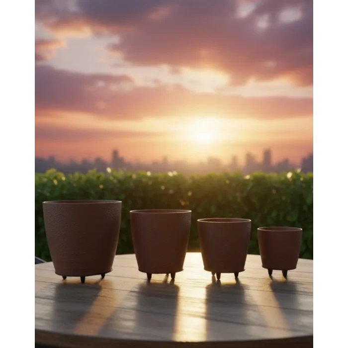 4’lü 3D Kahverengi Ayaklı Dekoratif Saksı Takımı Modern Tasarım