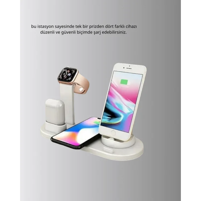 4’lü Apple Kablosuz Şarj Standı iPhone Watch ve AirPods Çoklu Şarjlı