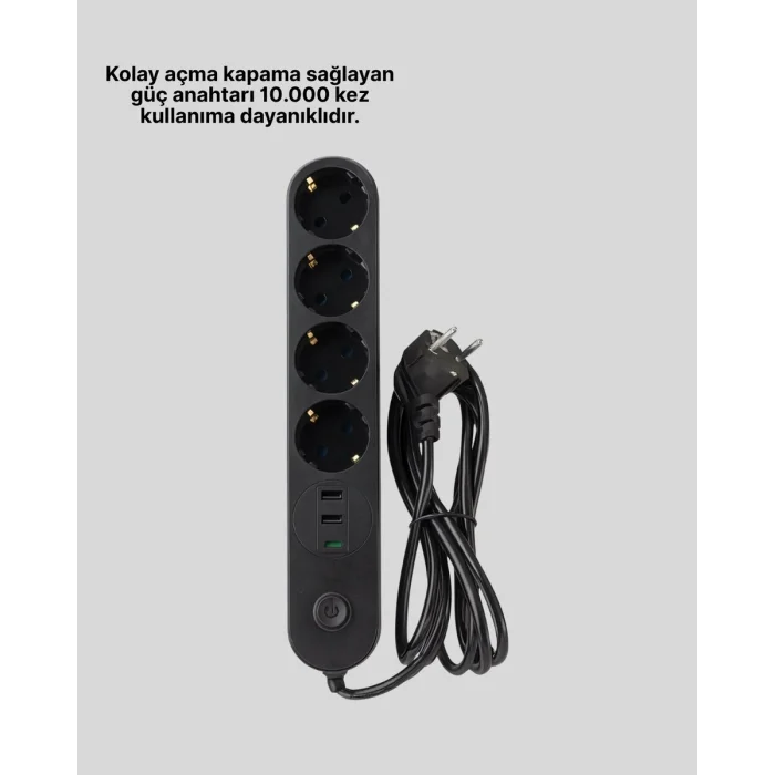 4’lü Çoklu Priz 2 USB Type-C Girişli Akım Korumalı Siyah