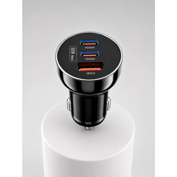 60W Araç İçi Hızlı Şarj Adaptörü Çift USB-C PD ve USB-A QC3.0