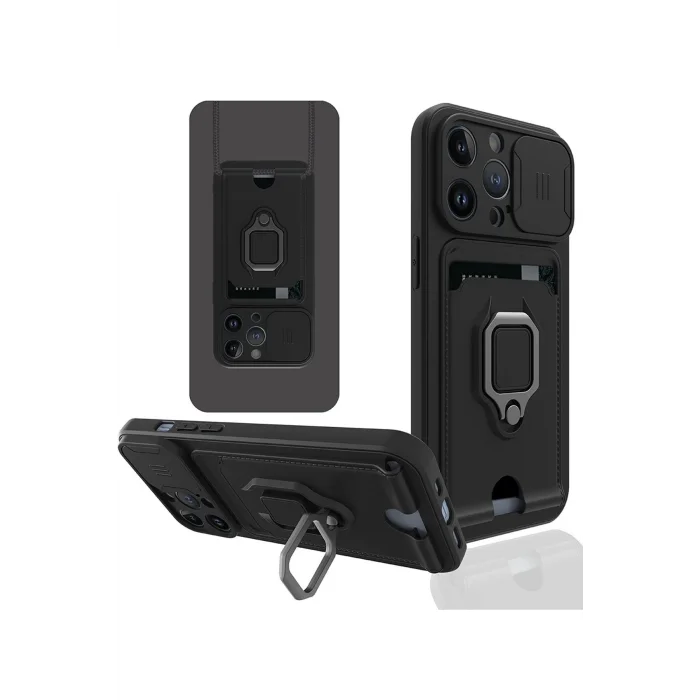 iPhone 13 Pro Kılıf Zuma Kartvizitli Yüzüklü Silikon - Siyah-(5796) - EMTHBA6553-2858