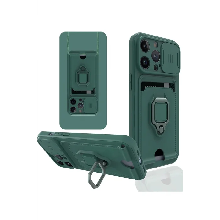 iPhone 14 Pro Max Kılıf Zuma Kartvizitli Yüzüklü Silikon - Yeşil-(5796) - EMTHBA4757-6834