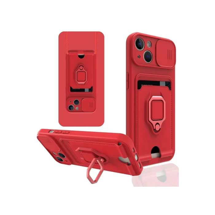 iPhone 14 Kılıf Zuma Kartvizitli Yüzüklü Silikon - Kırmızı-(5796) - EMTHBA2157-6687