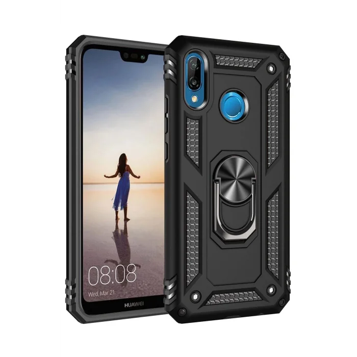 Huawei P20 Lite Kılıf Sofya Yüzüklü Silikon Kapak - Siyah-(5796) - ESZAOC6894-6491