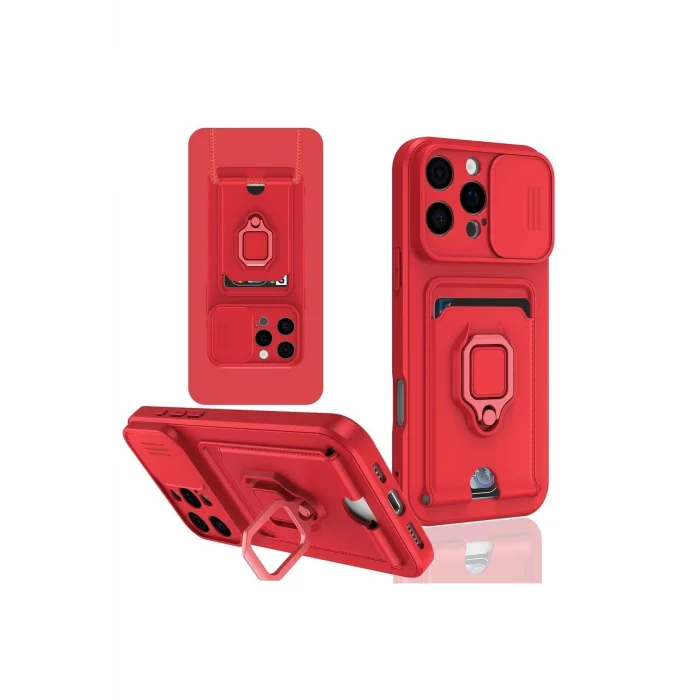 iPhone 16 Pro Kılıf Zuma Kartvizitli Yüzüklü Silikon - Kırmızı-(5796) - EMTHBA5706-7001