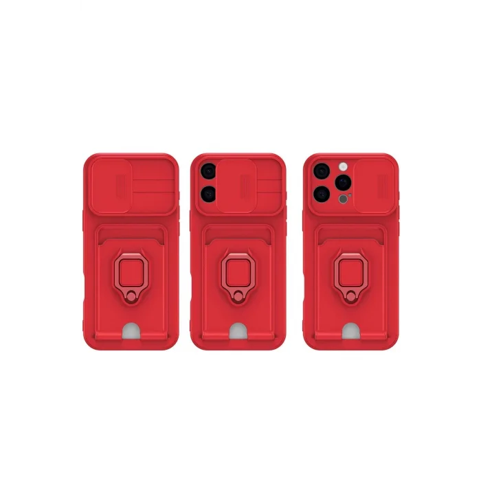 iPhone 16 Pro Kılıf Zuma Kartvizitli Yüzüklü Silikon - Kırmızı-(5796) - EMTHBA5706-7001