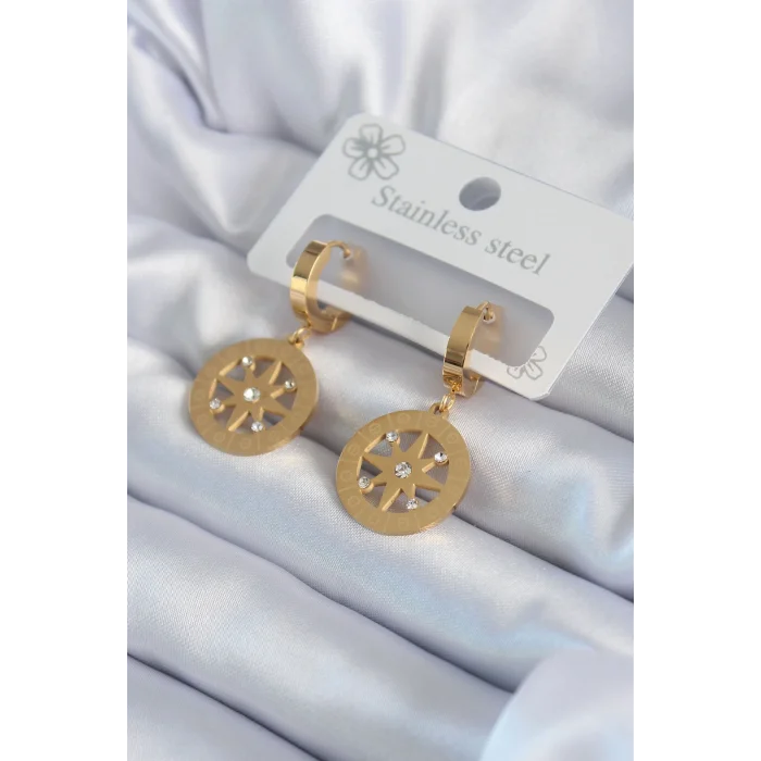 316L Çelik Gold Renk Kutup Yıldızı Model İşleme Detay Zirkon Taşlı Kadın Küpe