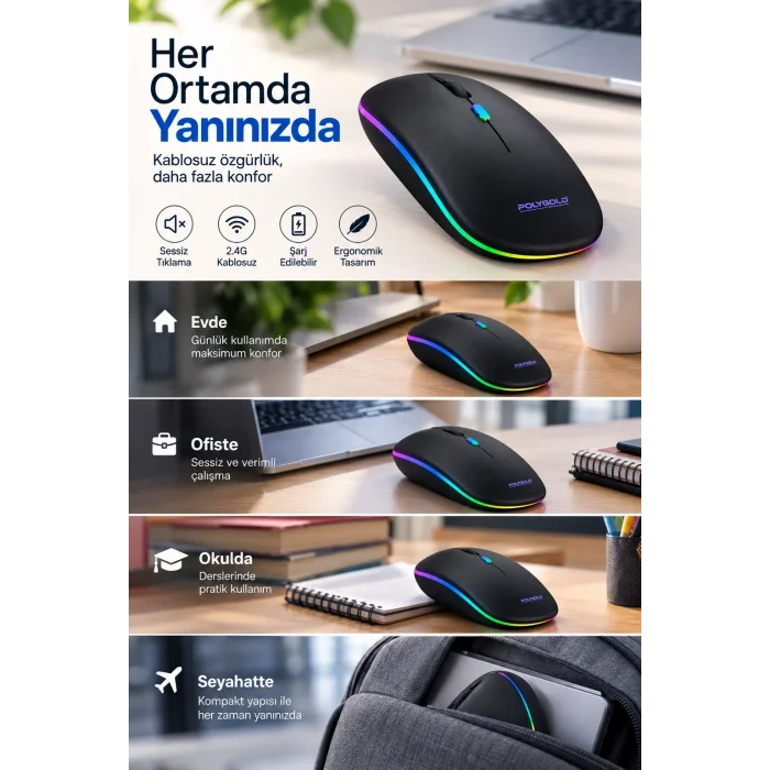 8 10 Metre Menzilli Şarj Edilebilir Kablosuz Mouse