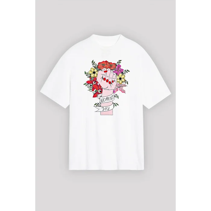 8 Mart Dünya Kadınlar Günü İçin Tişört Özel Baskılı T-shirt - Beyaz