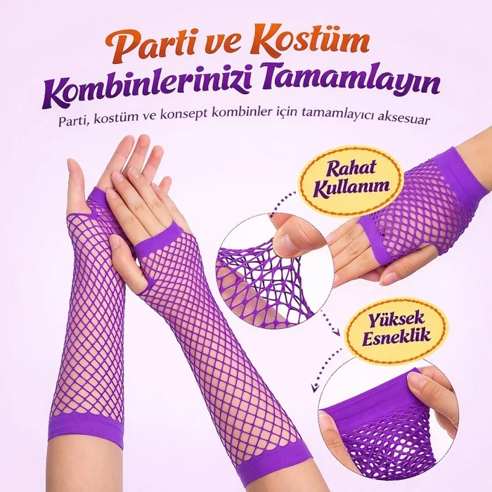 80’ler 90’lar Retro Mor File Parmaksız Eldiven 26 Cm Bx40