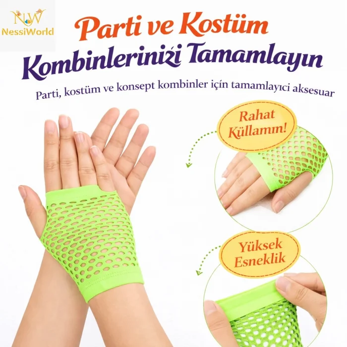 80’ler 90’lar Retro Neon Yeşil File Parmaksız Kısa Eldiven 11 cm