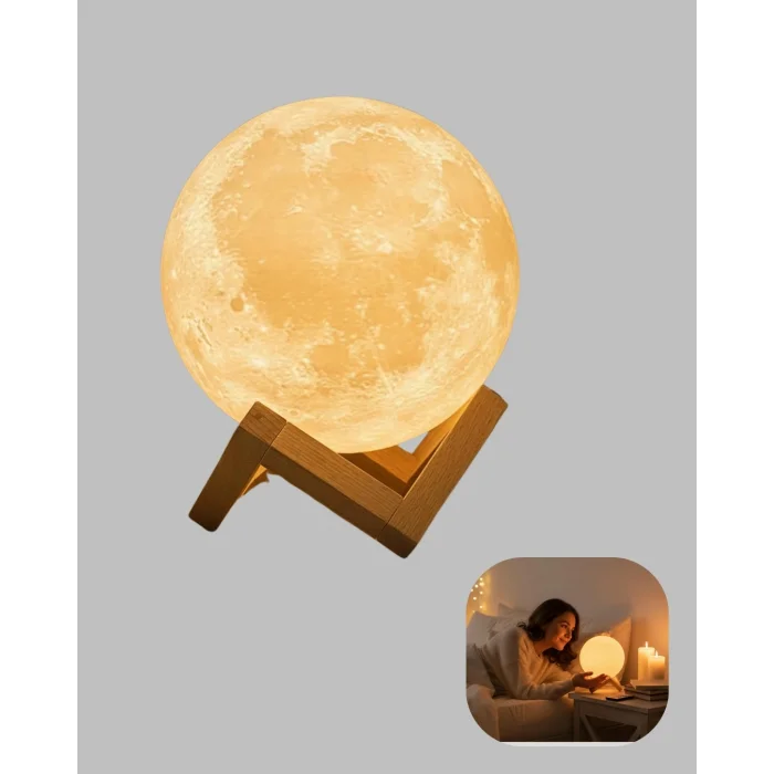 Ahşap Standlı 3D Baskı Ay Lambası 16 Renkli ve Şarjlı