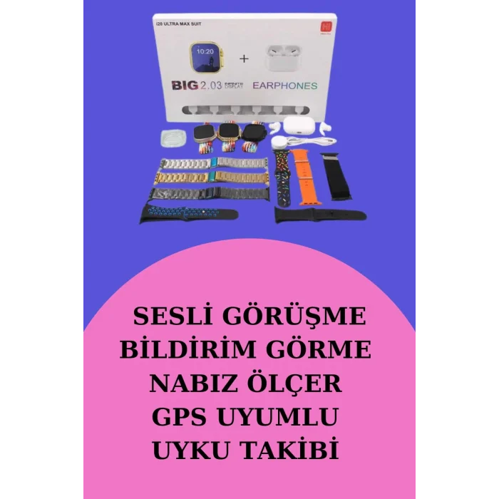 Akıllı Saat Bluetooth Kulaklık Hediyeli Bildirim Görme Sesli Görüşme Çoklu Kordon